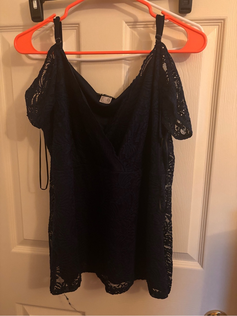 VENUS Navy Lace Cold-Shoulder V-Neck Top